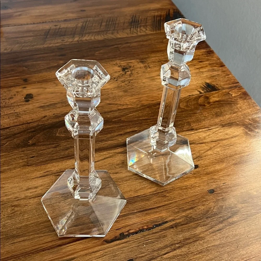 Vintage Pair of Val St. Lambert Gardenia Crystal Candlesticks Like New Signed